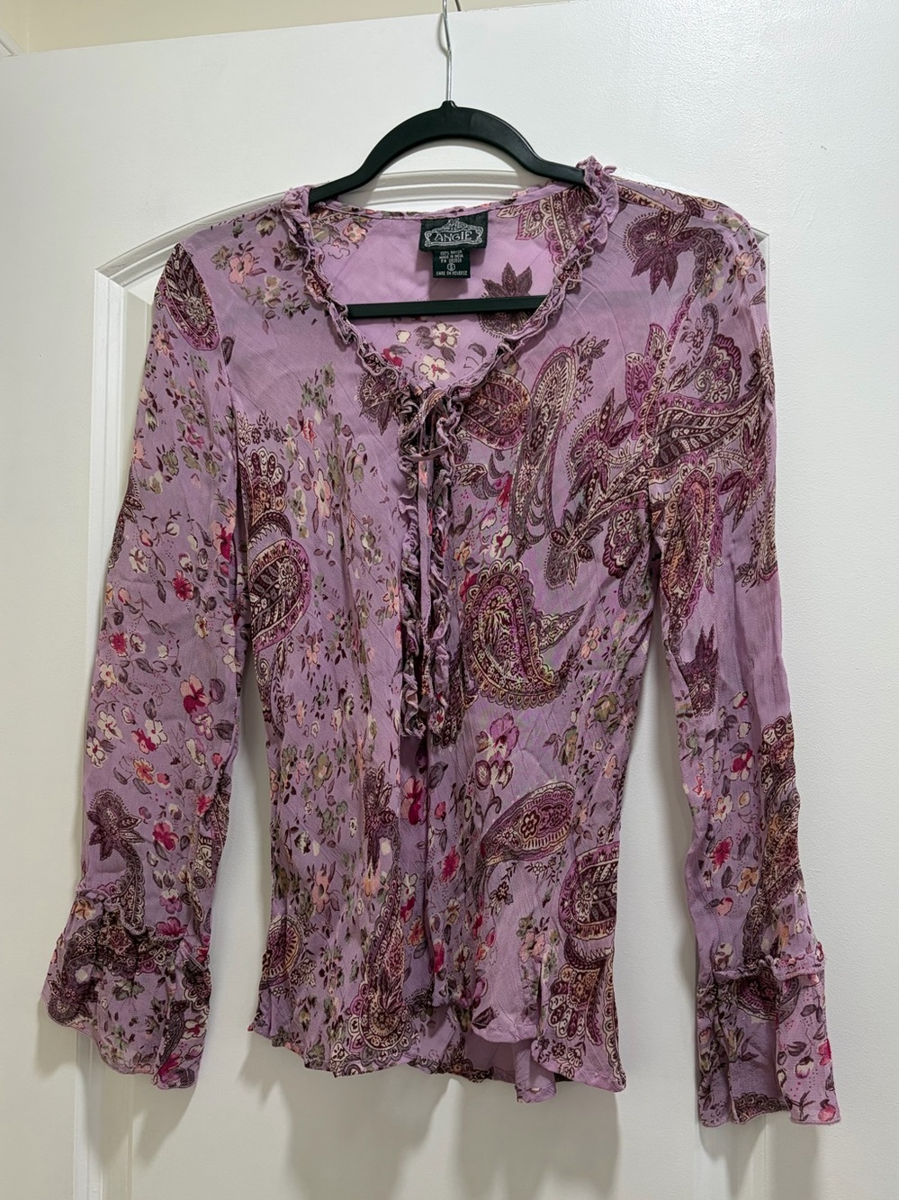 Angie Vintage Y2K Lavender Paisley Ruffle Lace Up Blouse Bell Sleeve - Size S